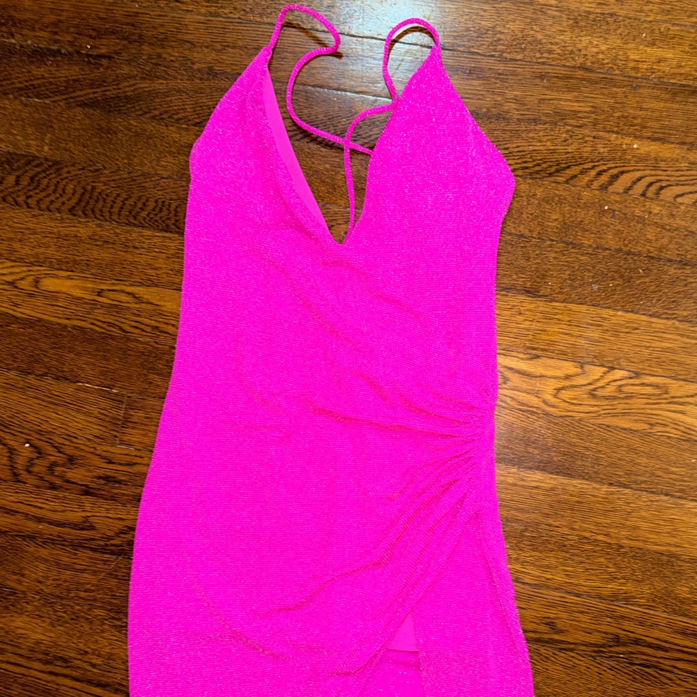 NBD Hot Pink Glitter Maxi Dress with High Leg Slit - Picture 2 of 12